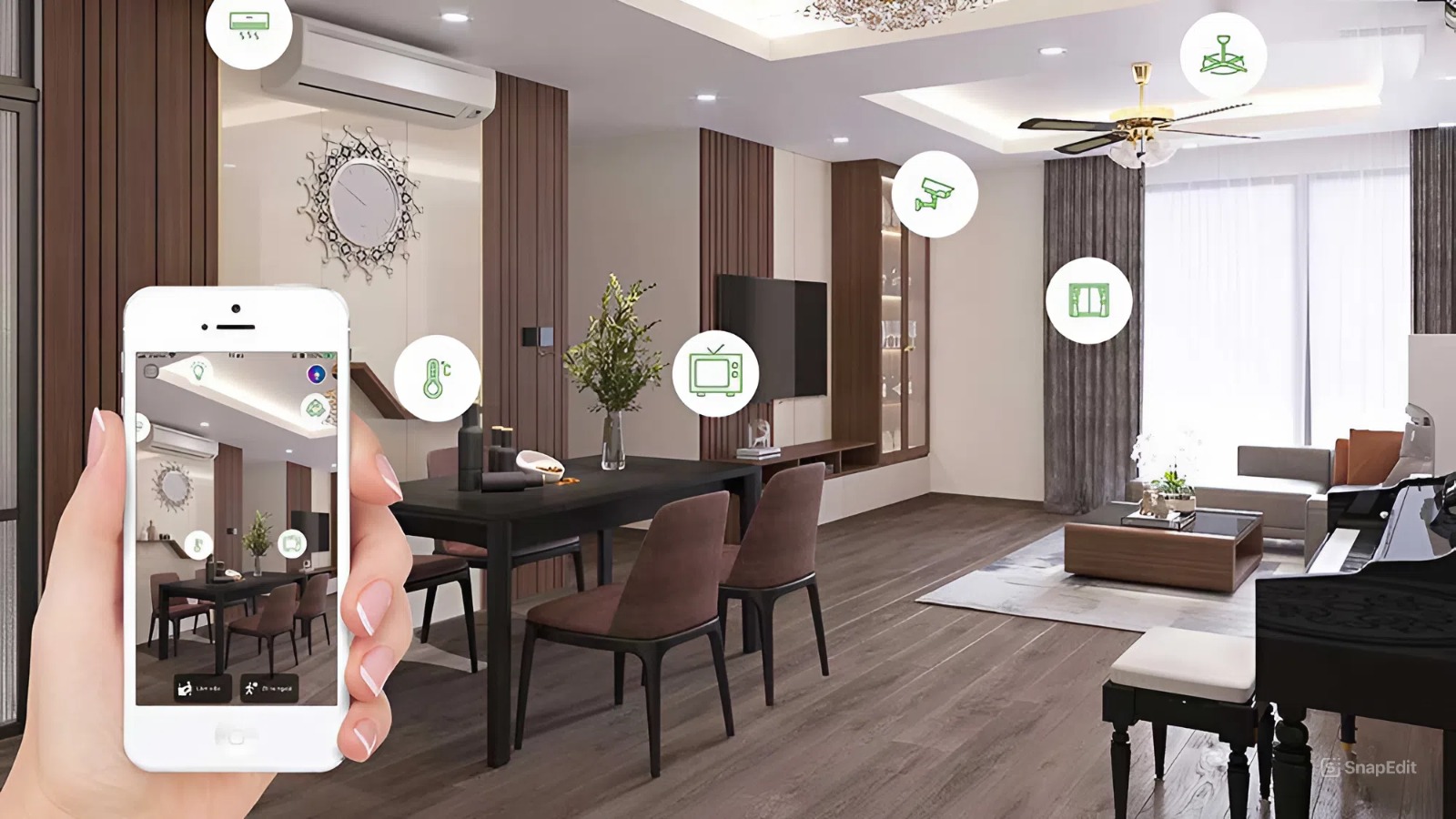 Modern living room with wooden floor, dining table, sofa, TV, and a hand holding a smartphone showing the same room with smart home control icons floating around